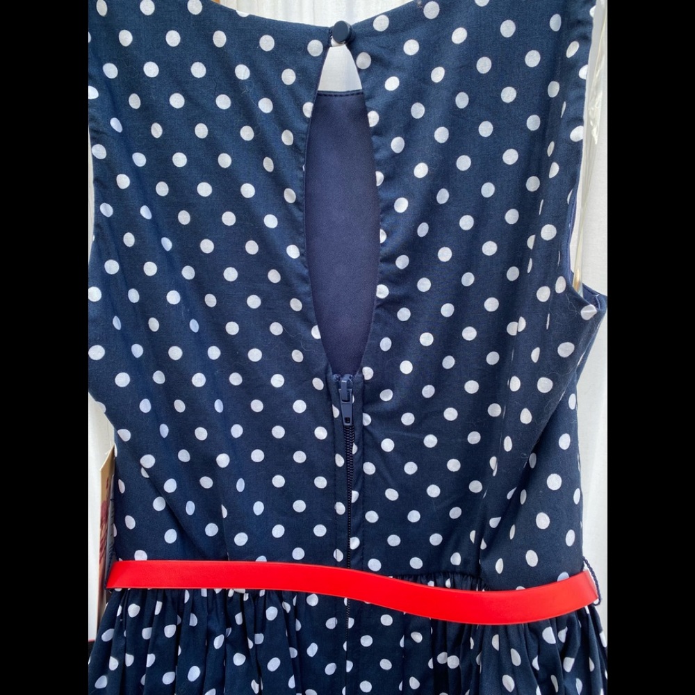 Emerald Sundae Sleeveless Navy Polka Dot Party Dress with Attached Slip - Picture 4 of 14